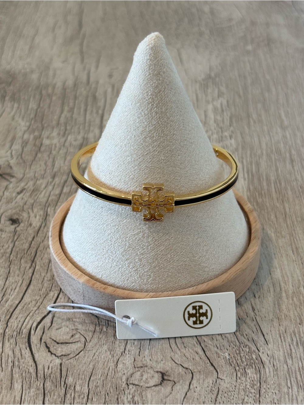 Tory Burch Gold and Black Enamel Logo Cuff Bracelet